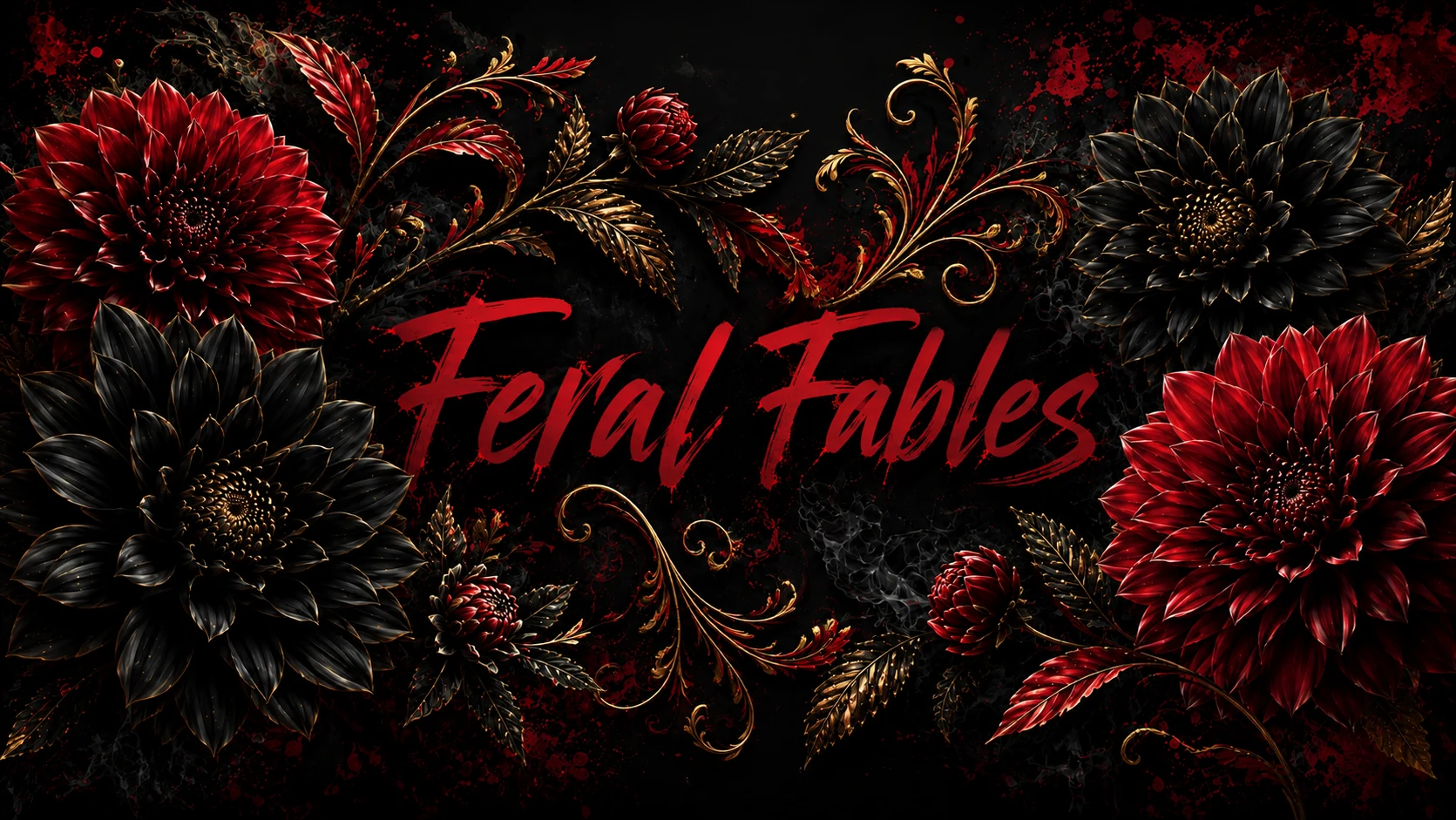 Crimson and black dahlias framed by ornate gold filigree around the Feral Fables name