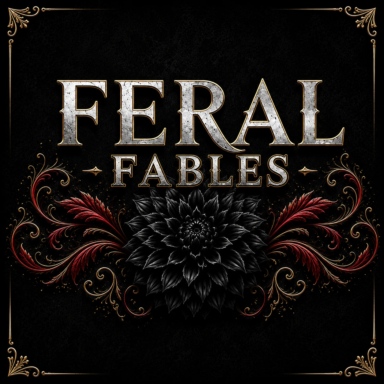 Feral Fables ornate silver and gold logo with black dahlia and crimson flourishes
